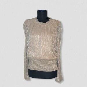 Joie Shimmer Blouse Smocked Waist Long Sleeve Chiffon Silver Gold Metallic Sz L